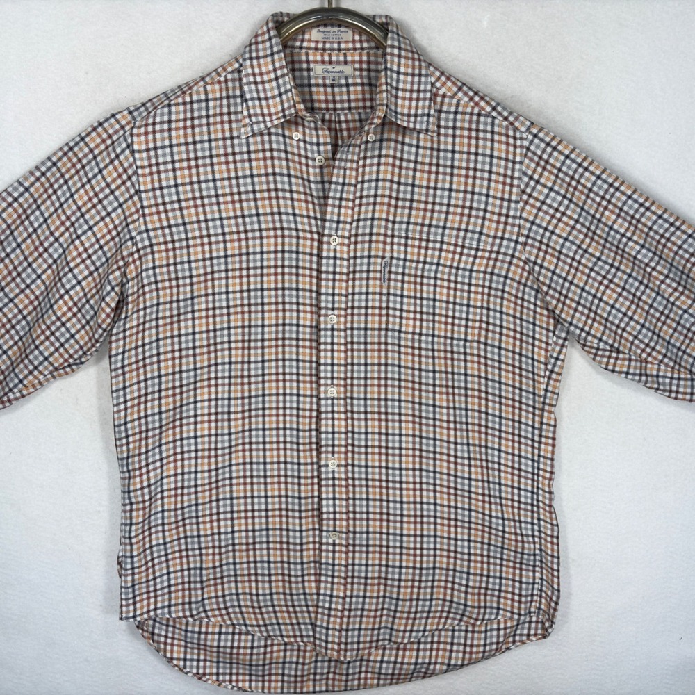Faconnable Mens Plaid Button Down Shirt 16L Cotton Orange Brown Made in USA